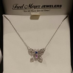 10k White Gold Necklace Butterfly Gemstones Solid real 10kt New